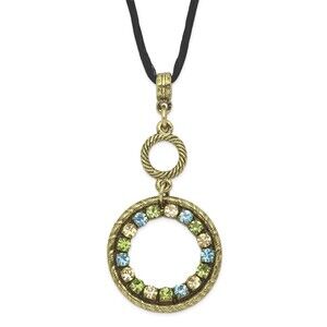 Brass-tone Blue Green Colorado Crystal Circle Adj. 16" Satin Cord Necklace
